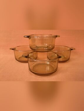 1970s Amber Glass Soup Bowls with Handles Retro Pyr-O-Rey (Set of 4)